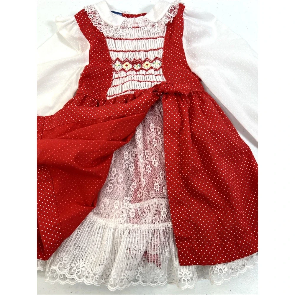 Vintage Polly Flinders Girls Red & White Polka-Dot Lace Smocked Dress Size 3T